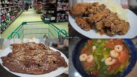 Grocery shopping in Canada , Galbi short ribs, Fried chicken wings with sauce, tomato noodle soup.